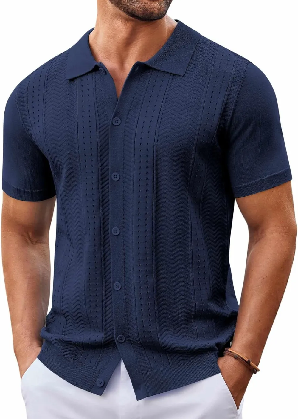 Mens Knit Button Down Shirt Short Sleeve Summer Casual Shirts Vintage Beach Vacation Shirts