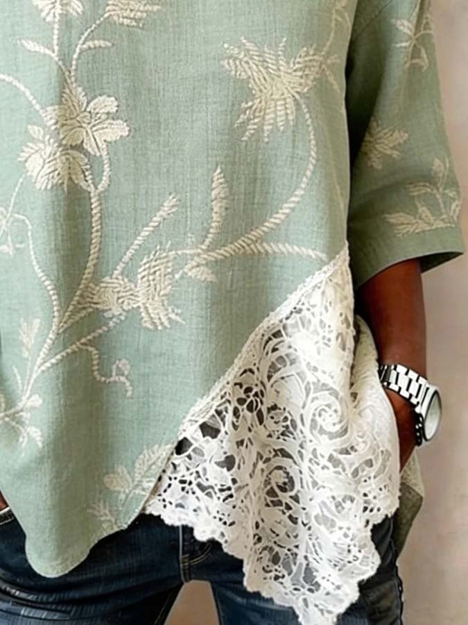 🔥Free Shipping Over $69🔥Women'S Casual Lace-Trimmed Printed Spliced ​​Top