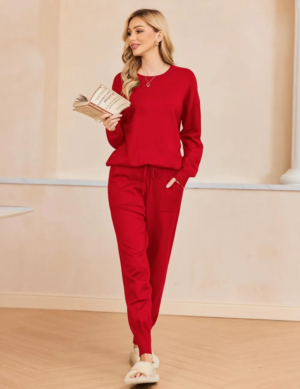 Women's Long Sleeve Knit Loungewear Set Jogger Pants Outfit