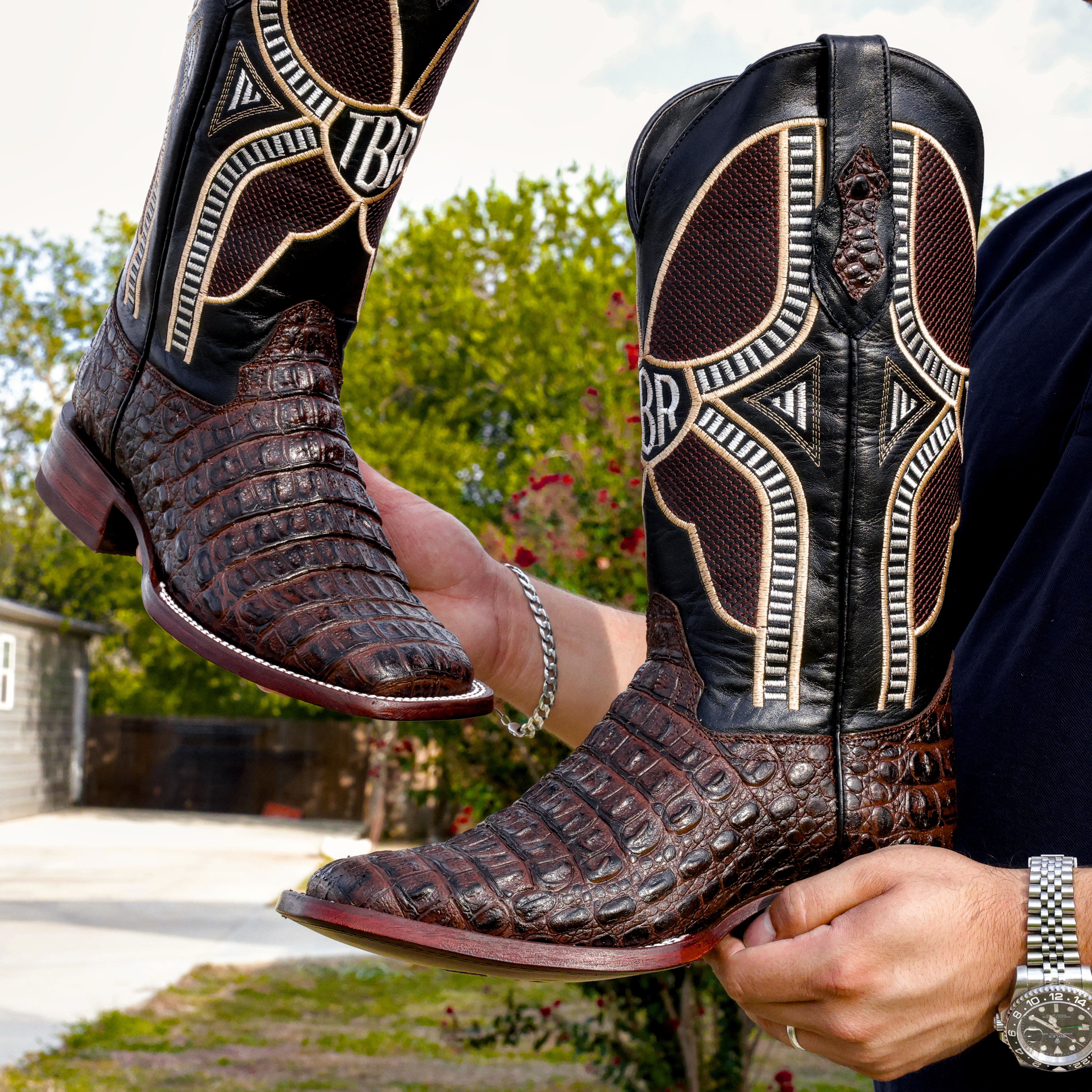 Brown Caiman Hornback Leather Boots - Square Toe