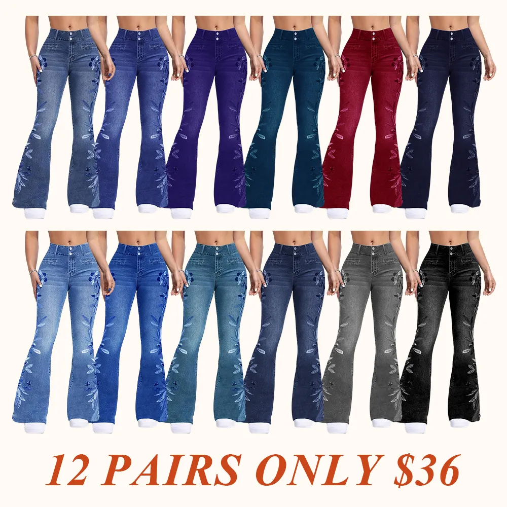 Women's denim printed flared pants