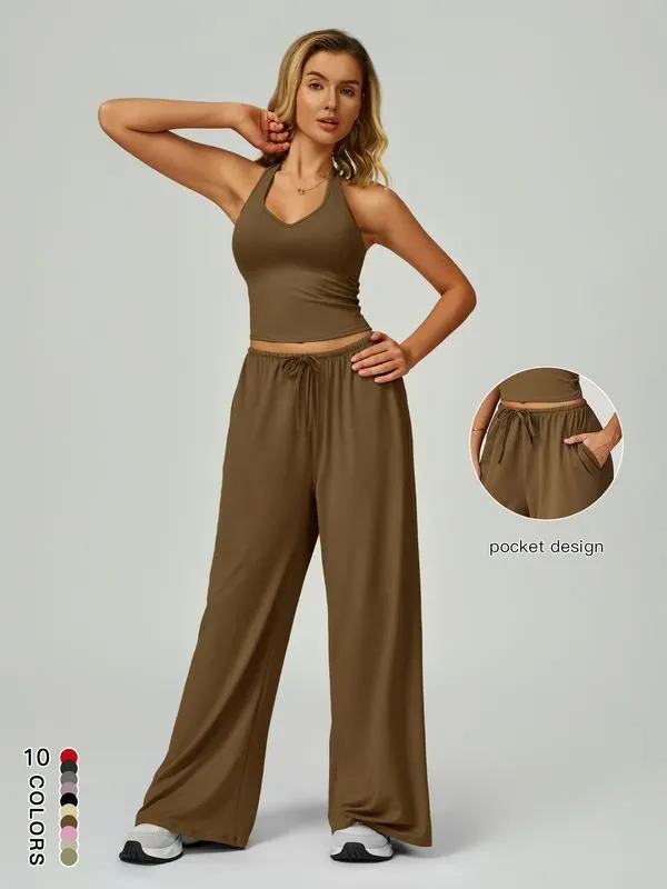 Women's Solid Crop Tank Top & Wide Leg Pants Set