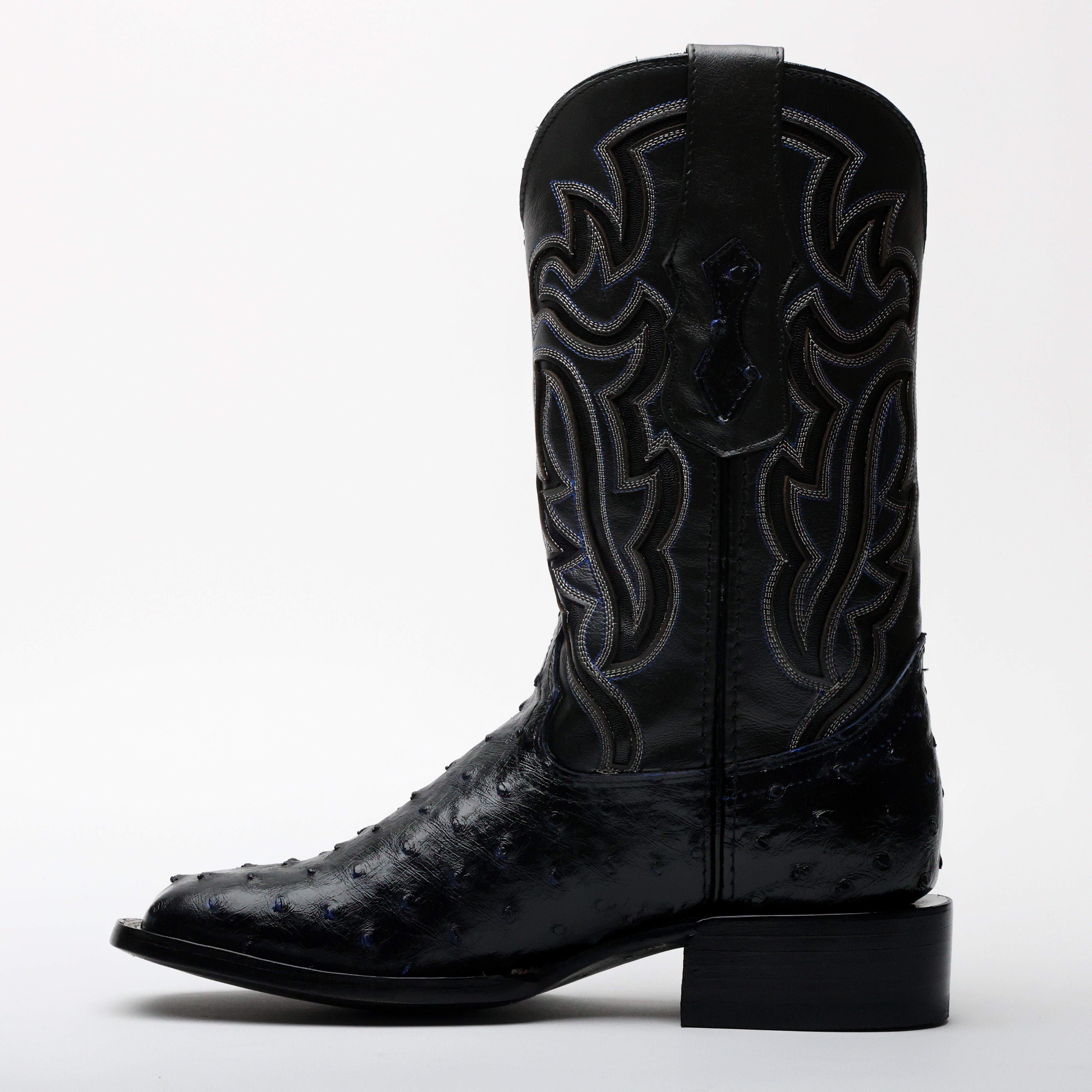 Black/Blue Ostrich Leather Boots - Square Toe