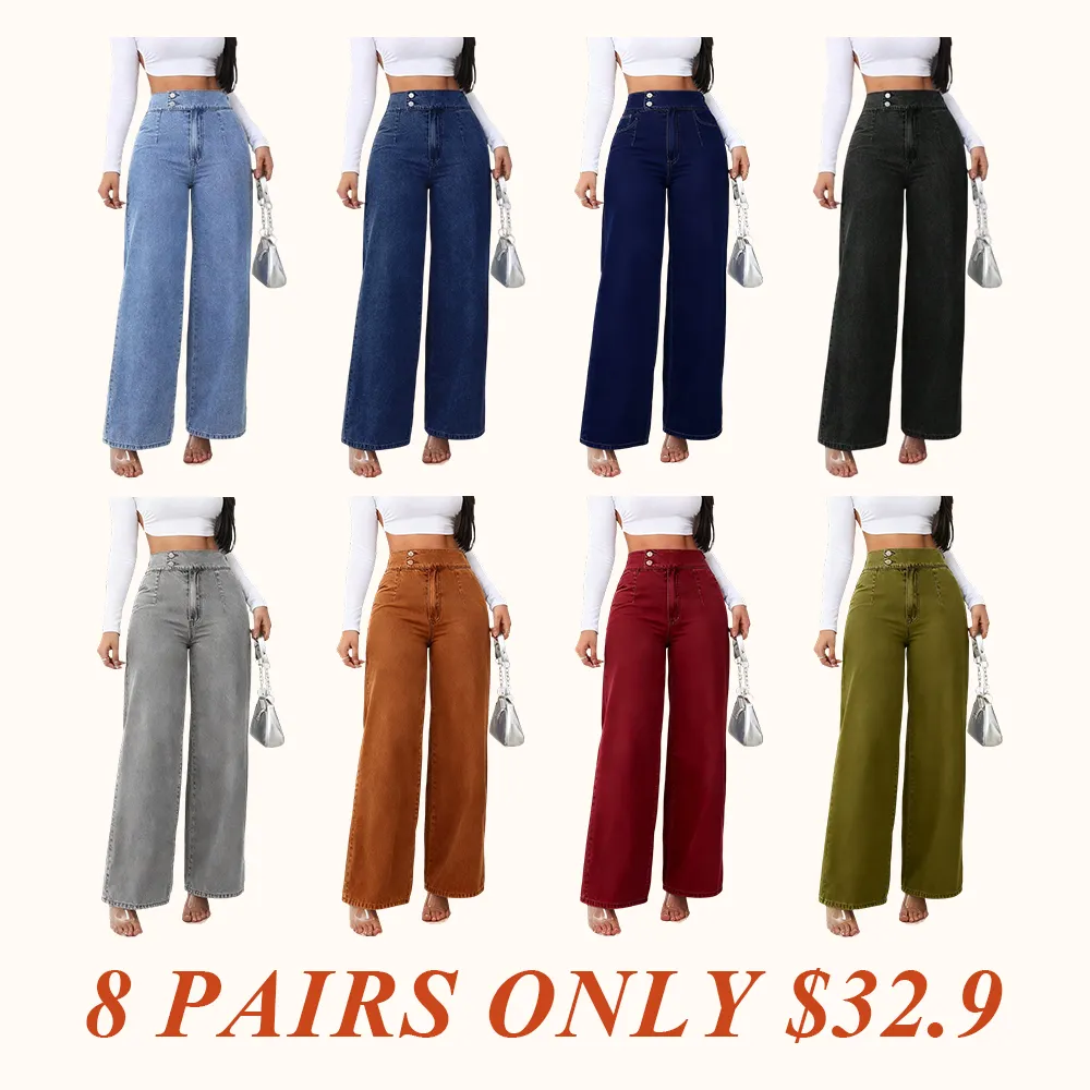Women's Vintage Elegant High Waist Wide Leg Jeans, Button Front Elastic Waist Loose Fit