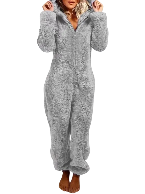 Women's Solid Zipper Hooded Plush Pajama Jumpsuit