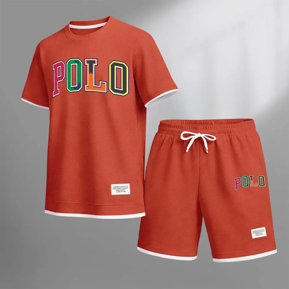Men's Polo Print Drawstring Shorts Set For Spring/Summer. A Casual Summer Outfit, Including A Short-Sleeved Shirt And Shorts