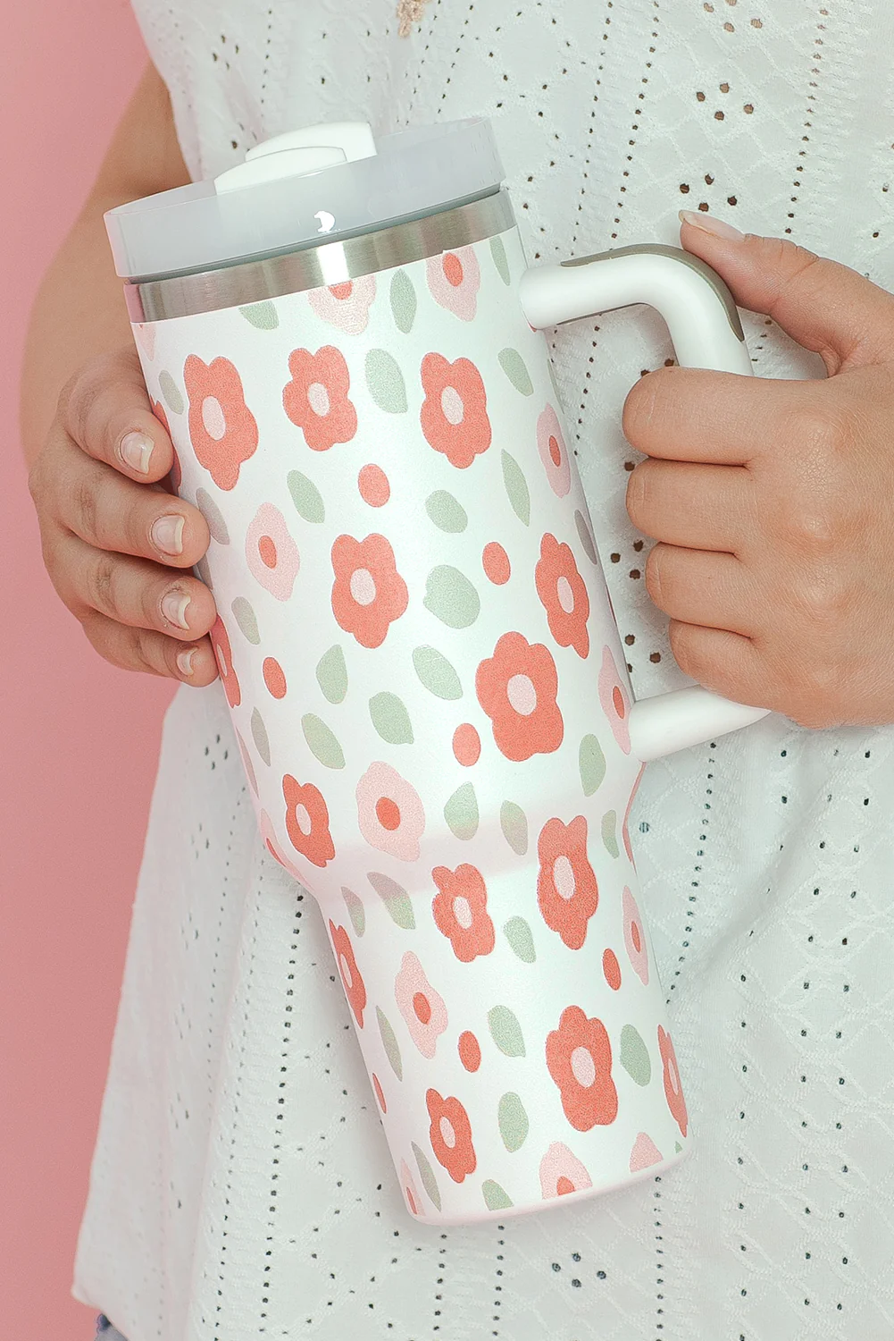 White Floral Leaves Print Stainless Large Portable Cup 40oz