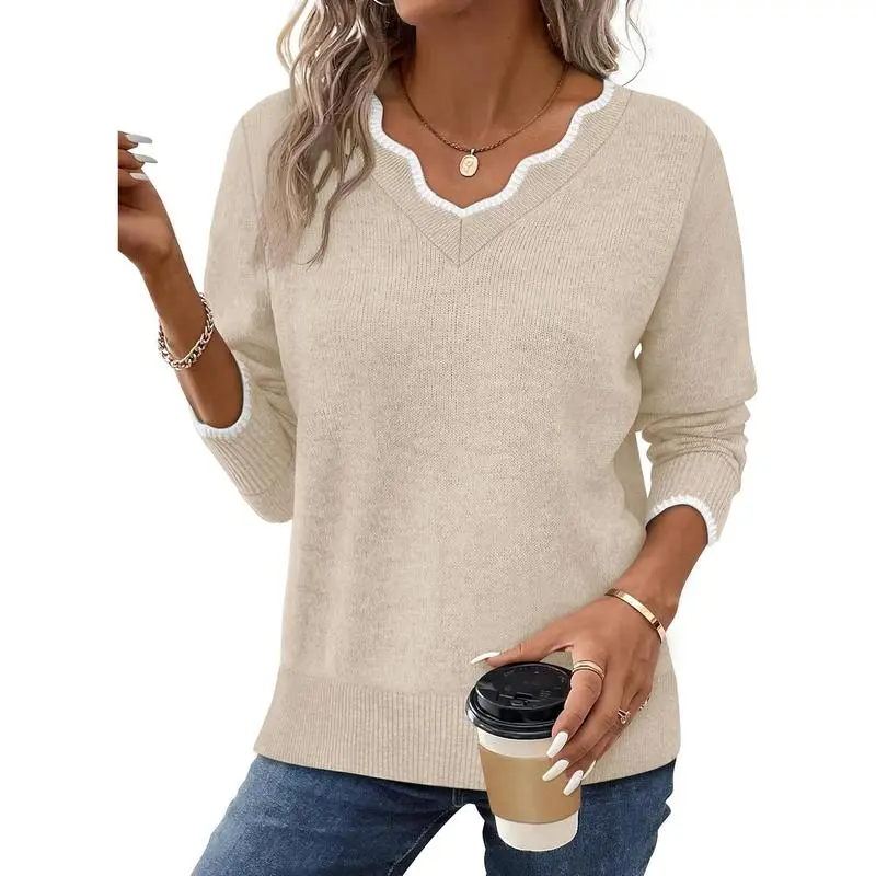 Women's Soft V-Neck Pullover Sweater Lightweight Knit Top for Layering Casual Apricot Longsleeves