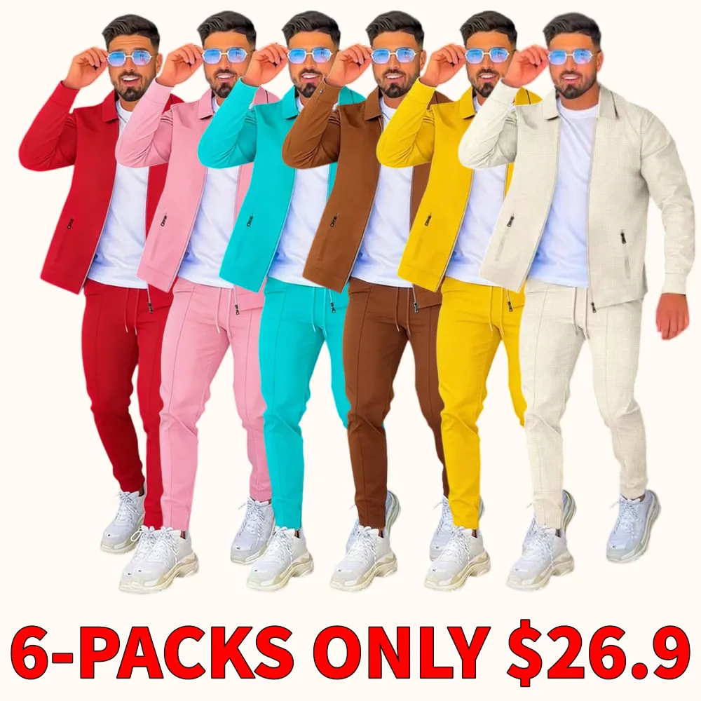 Men's solid-color jacket and drawstring waist casual pants two-piece set