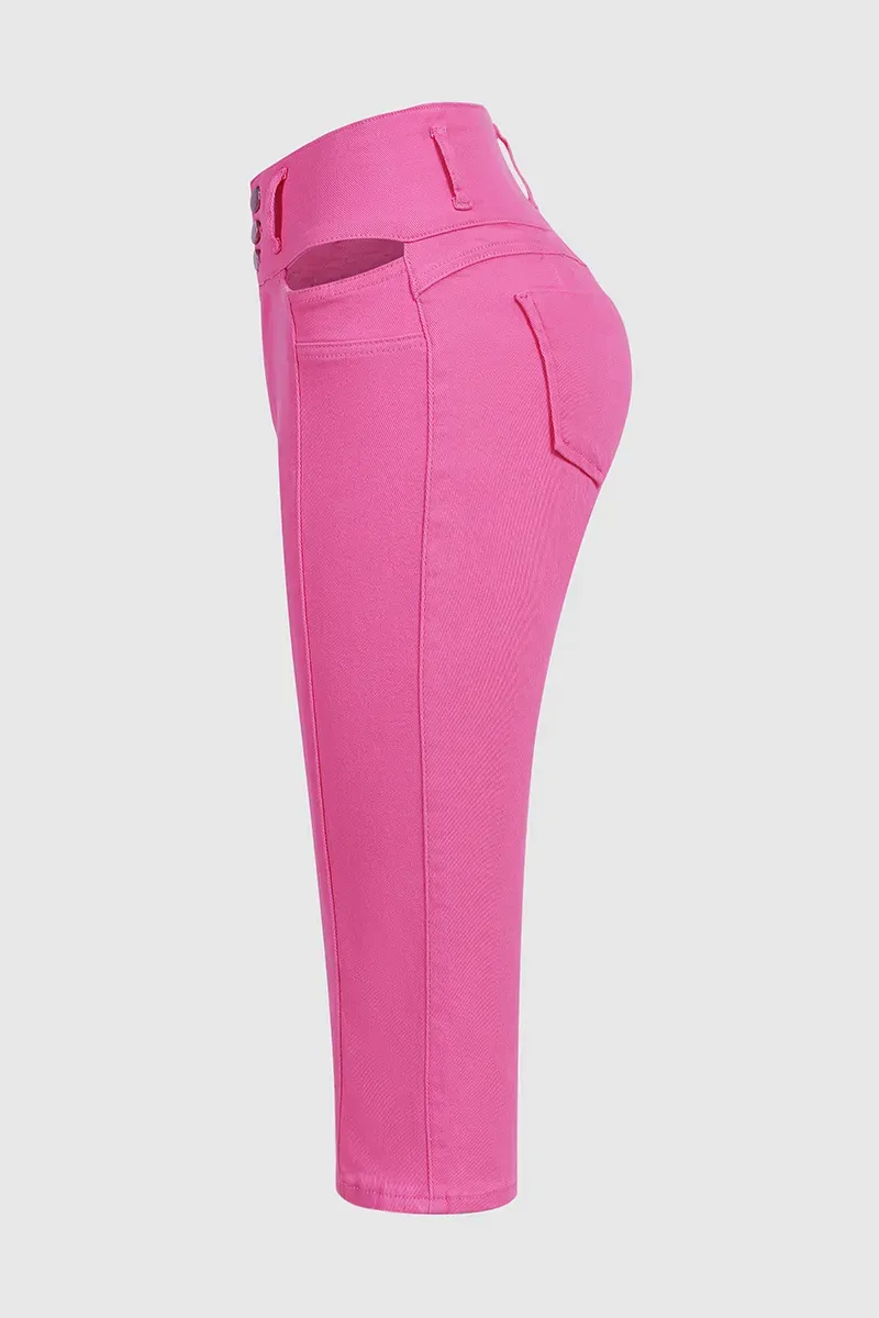 Solid Cut Out Waist Skinny High Waist Capri Jeans2