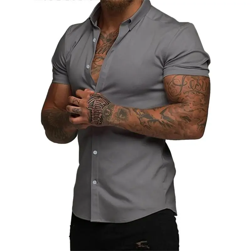 Mens Muscle Fit Dress Shirts Casual Button Down Shirt Short Sleeve Wrinkle-Free Shirts