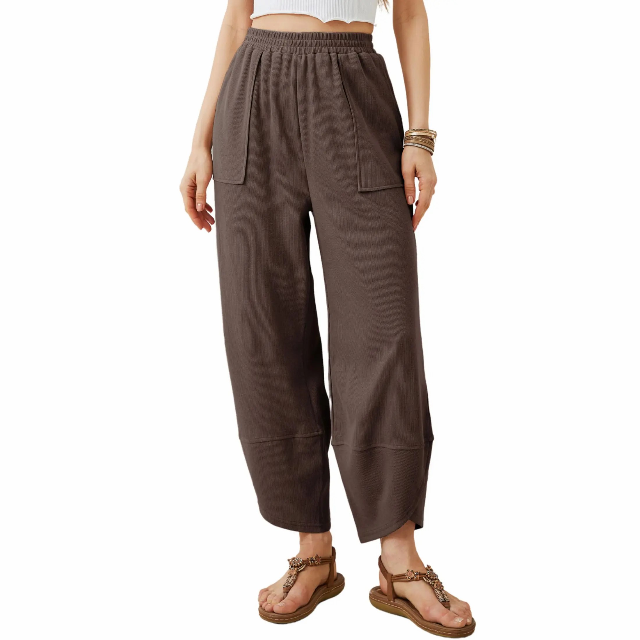 Women’s Elastic Waist Wide Leg Baggy Pants – Casual Harem Palazzo Pants with Pockets