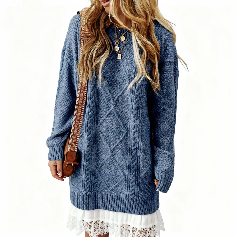 2025 Women's Cable Knit Lace Mini Sweater Dress 2PC