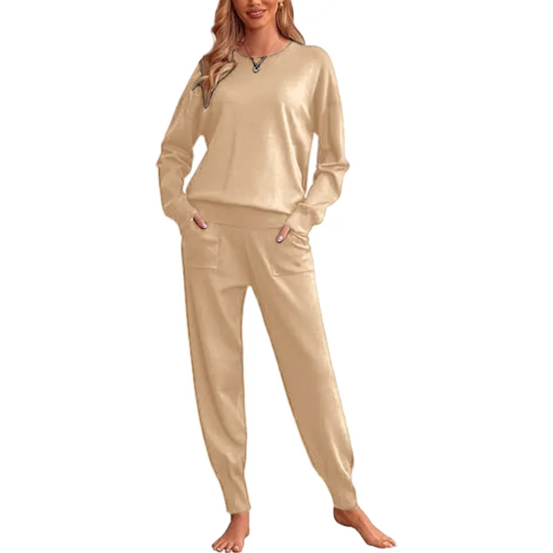 Women's Long Sleeve Knit Loungewear Set Jogger Pants Outfit