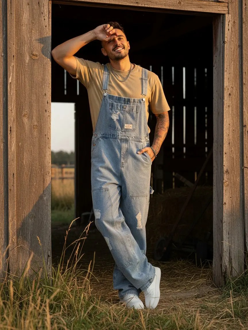 Spring Men's Letter Print Distressed Casual Versatile Denim Bib Overalls Hang