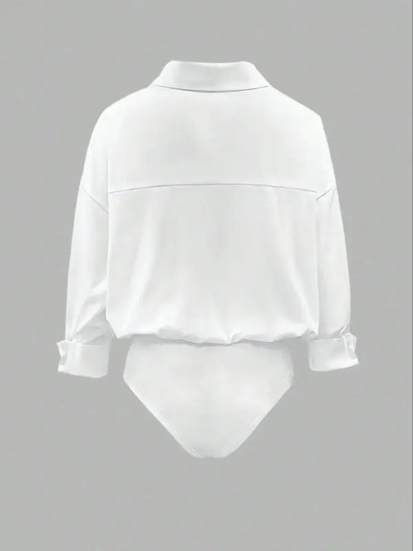 Women's casual loose-fitting V-neck long-sleeved shirt jumpsuit, made from elegant woven fabric