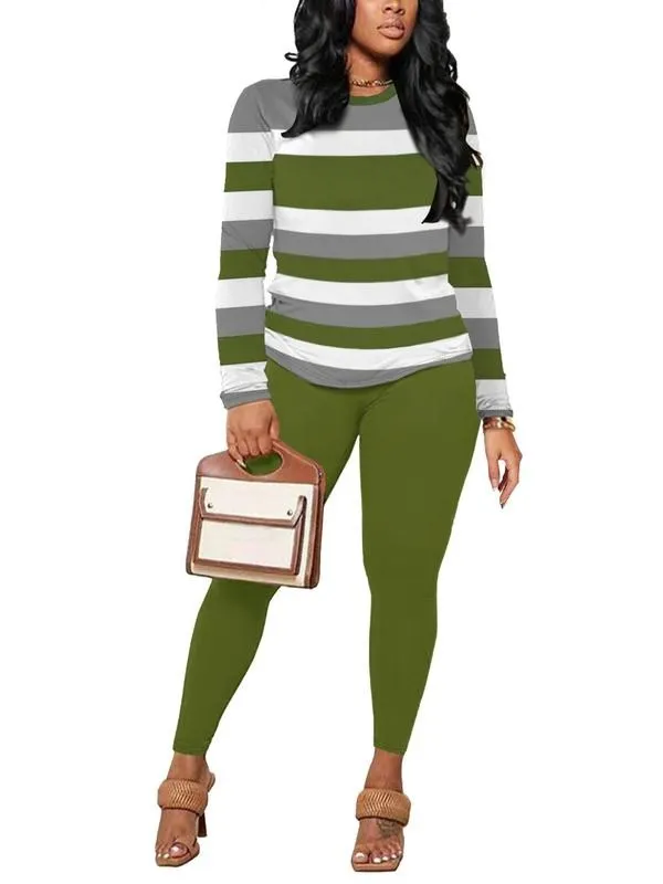 Two-Piece Set Women's Striped Print Long Sleeve Tee & Skinny Pants Set