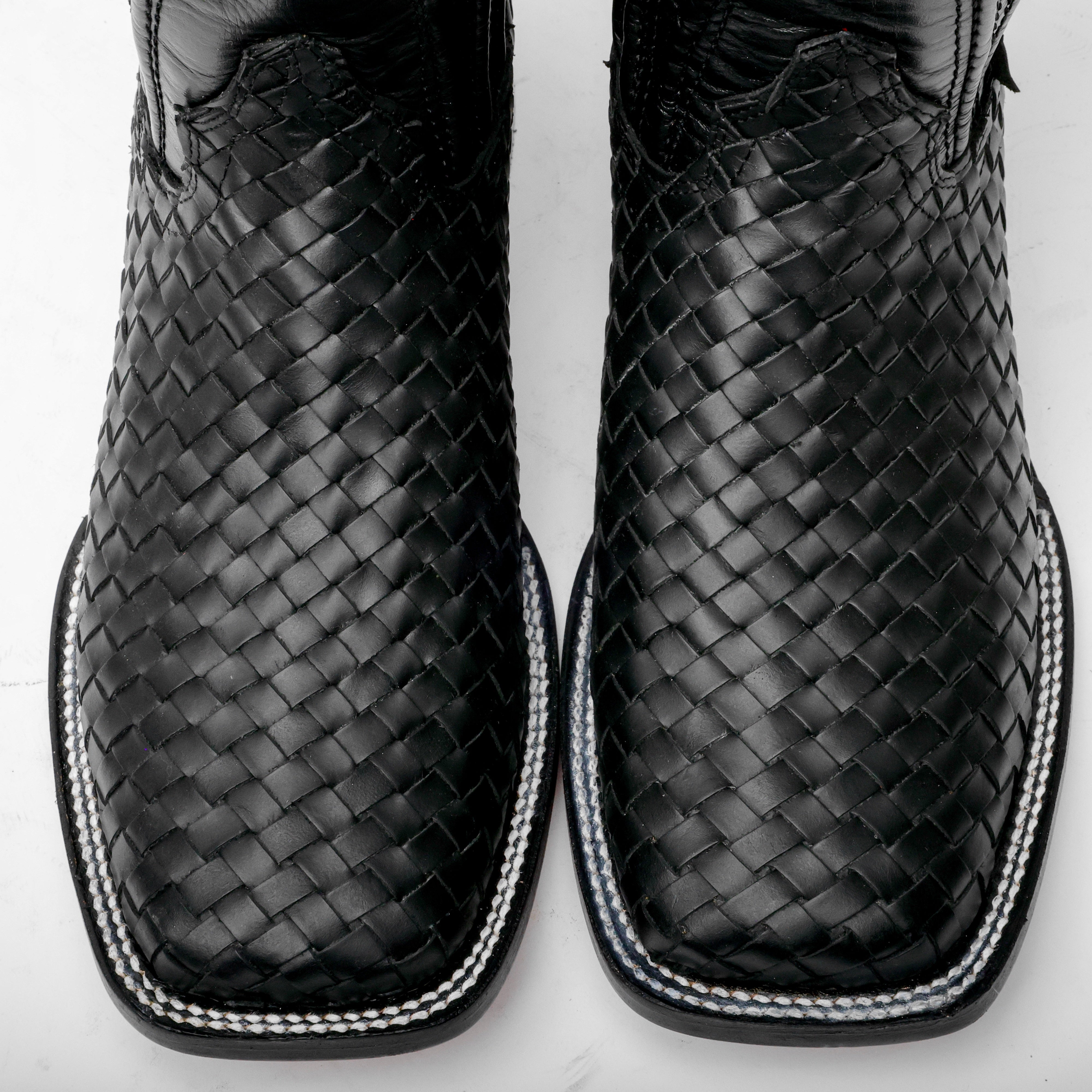 Black Basketweave Leather Boots - Square Toe