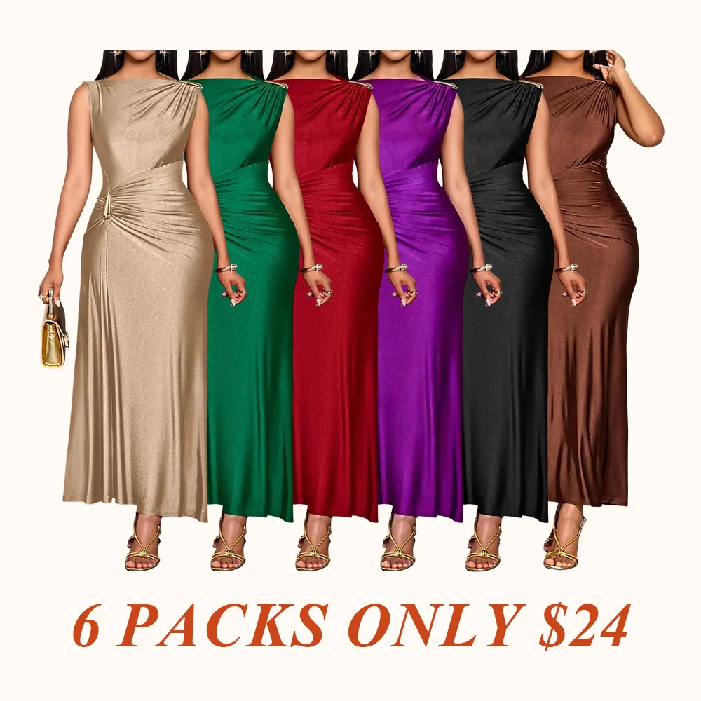 Aliling Elegant Chic Sleeveless Midi Dress for Women High Waist Folds Boat Neck Bodycon Fitted