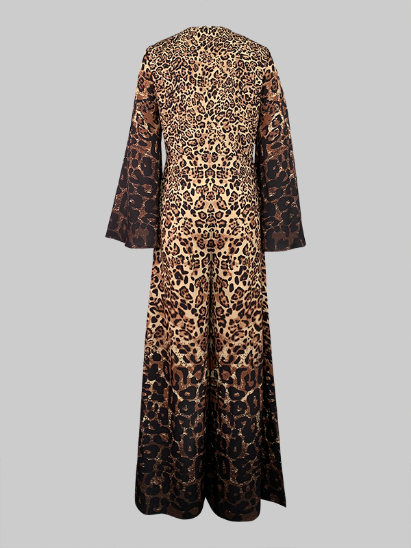 Flared Sleeves Long Sleeves Leopard Printed Round-Neck Jumpsuits