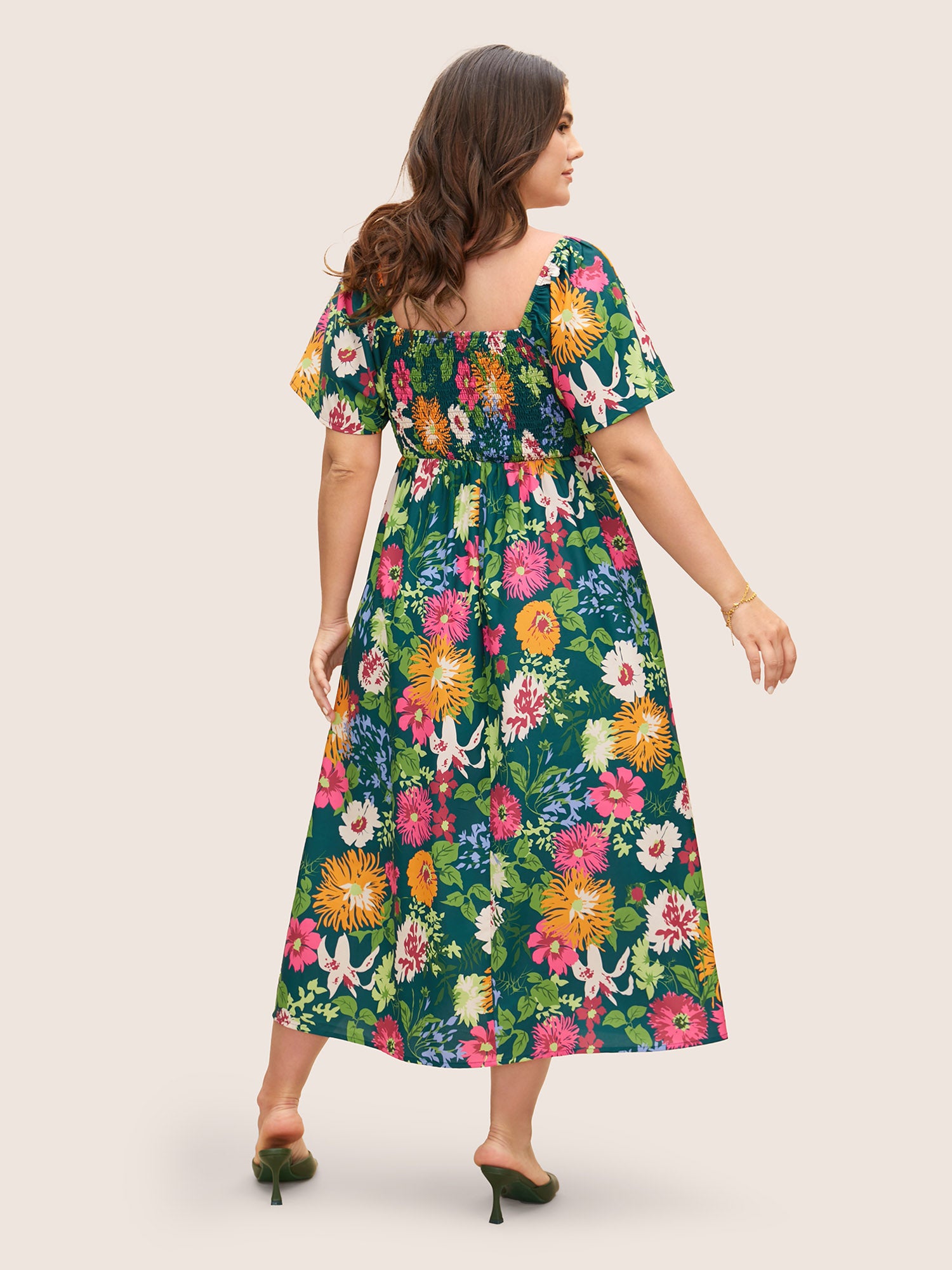 Floral Shirred Square Neck Pocket Midi Dress