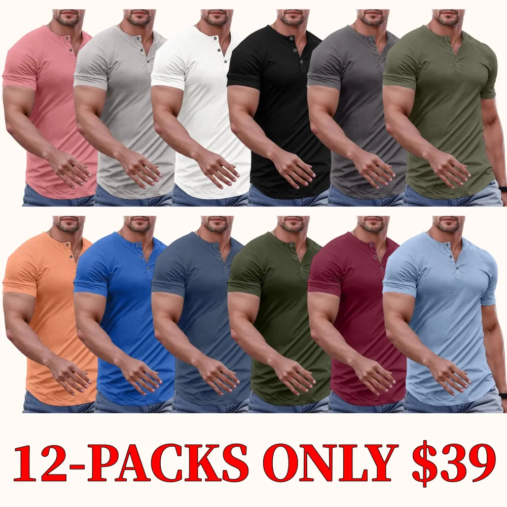 Men's solid color slim-fit Henley neck T-shirt