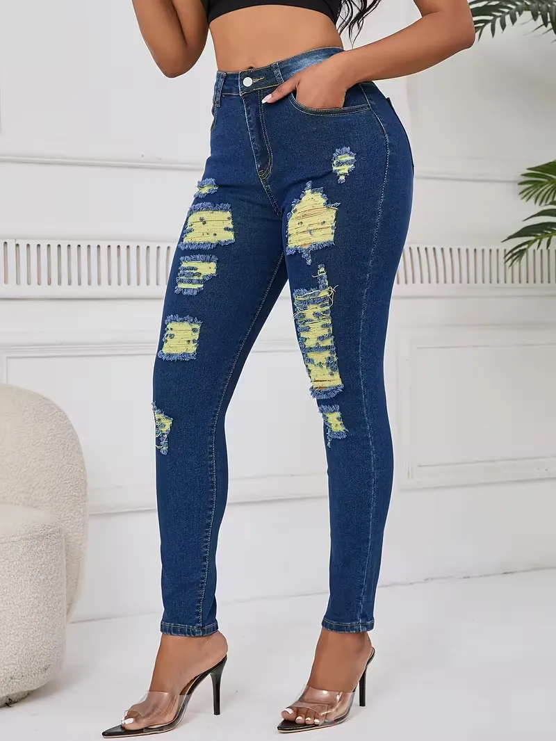 Women's Fashion Yellow Ripped Distressed Skinny Jean Slim Fit Denim Pants