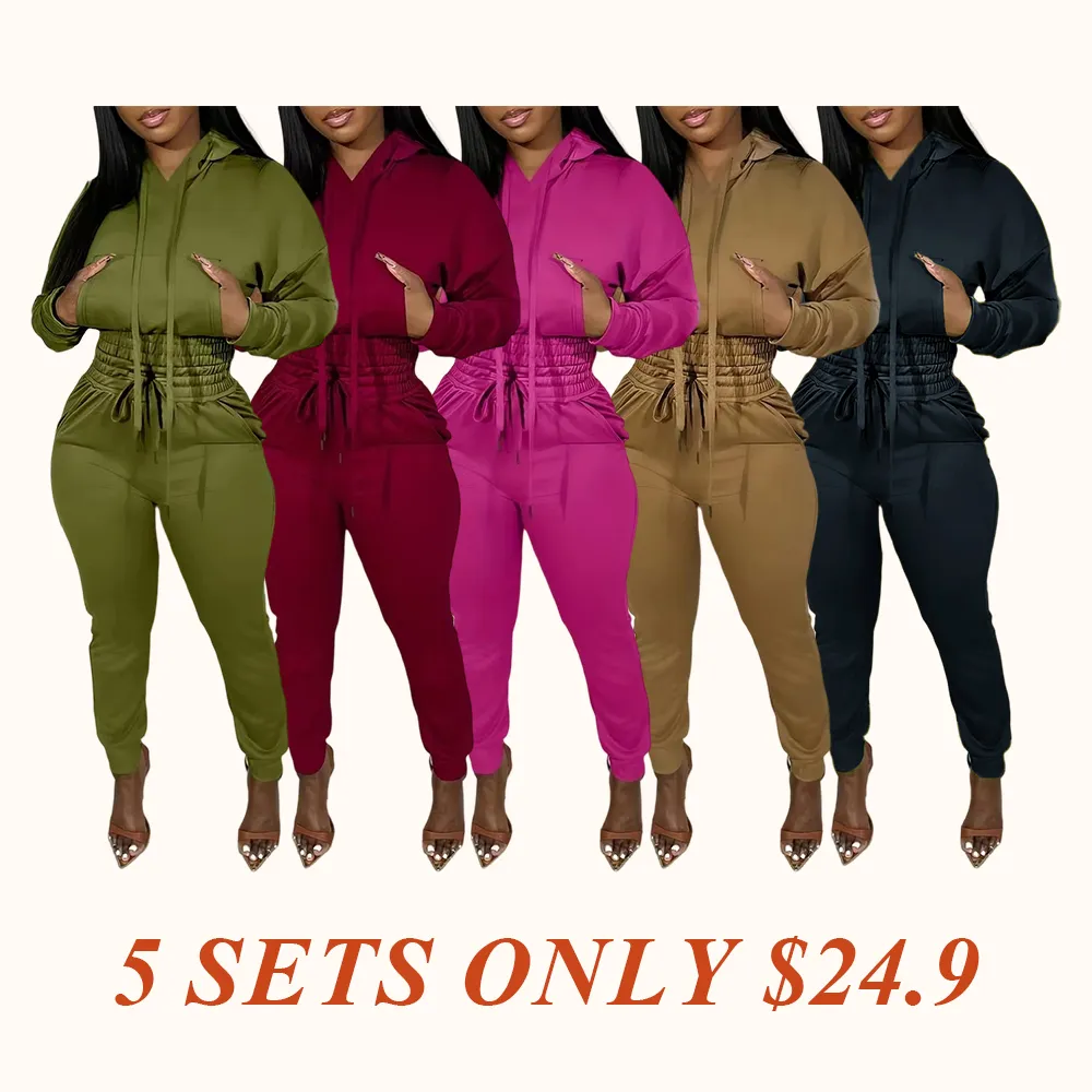 Womens 2 Piece Outfits Lounge Hoodie Shirred Waist Pocket Design Sweatshirt