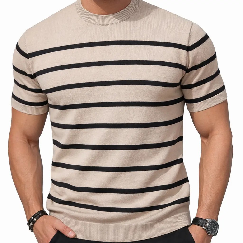 Unisex Retro Striped Knitted T-Shirt – Vintage Crew Neck Summer Basic