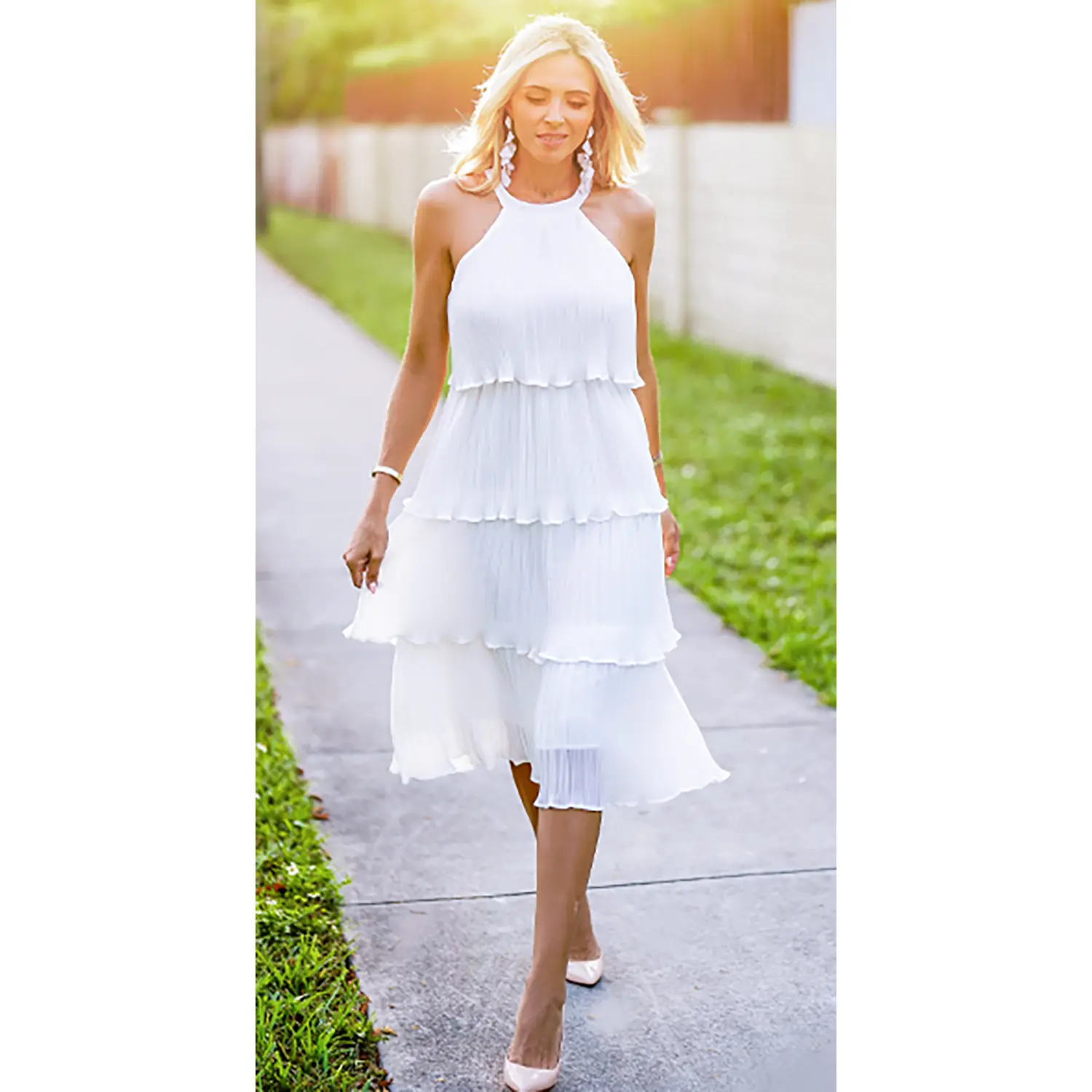 Women's 2025 Summer Sleeveless Halter Neck Ruffle Tiered Layed Chiffon Flowy Swing Long Midi Dress