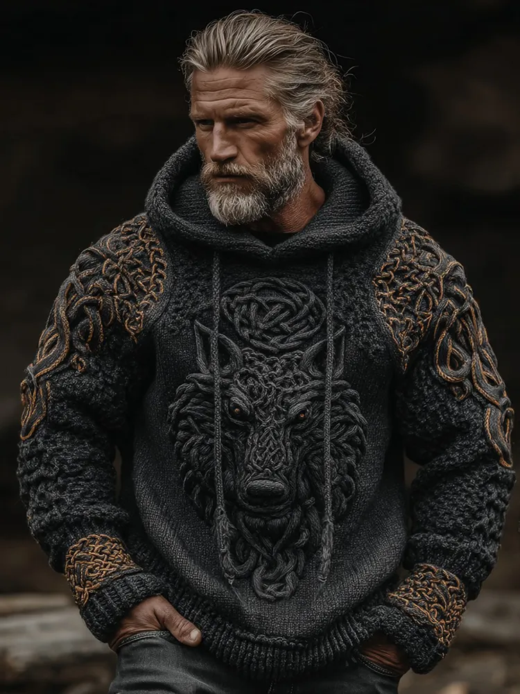 Men's Vintage Viking Wolf Celtic Art Knit Hooded Sweater