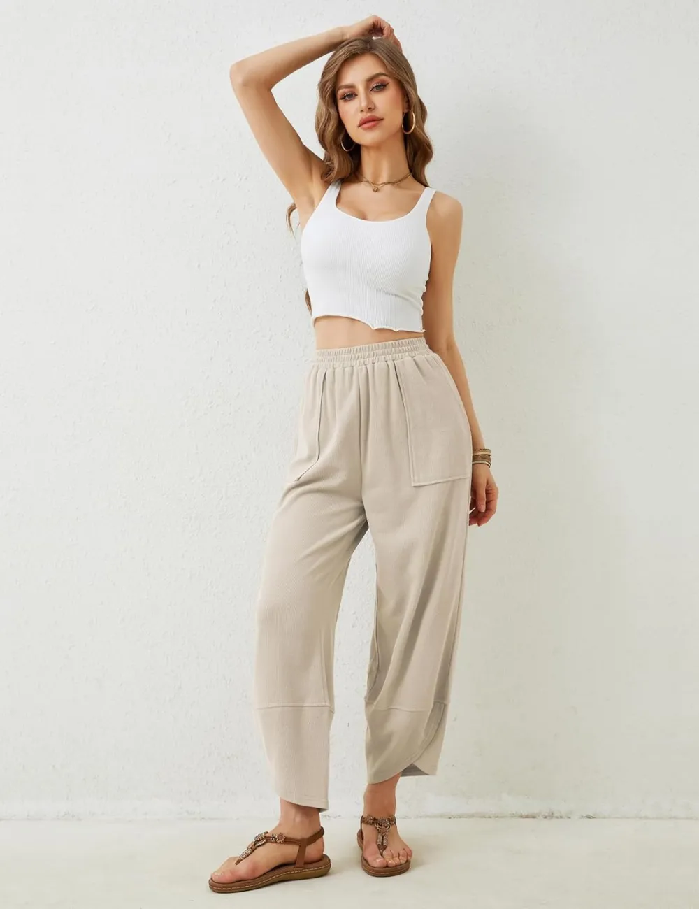 Women's Wide Leg Harem Pants Casual Palazzo Pants with Pockets High Waist Relaxed Fit
