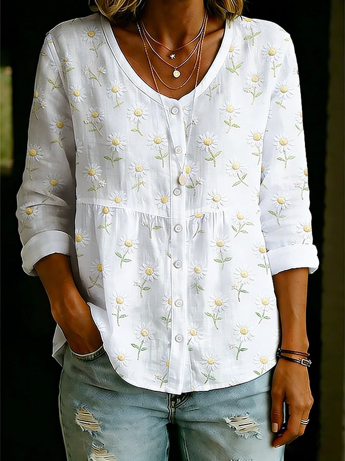Women's Casual Floral Print Cotton Linen Top- Fast Shipping