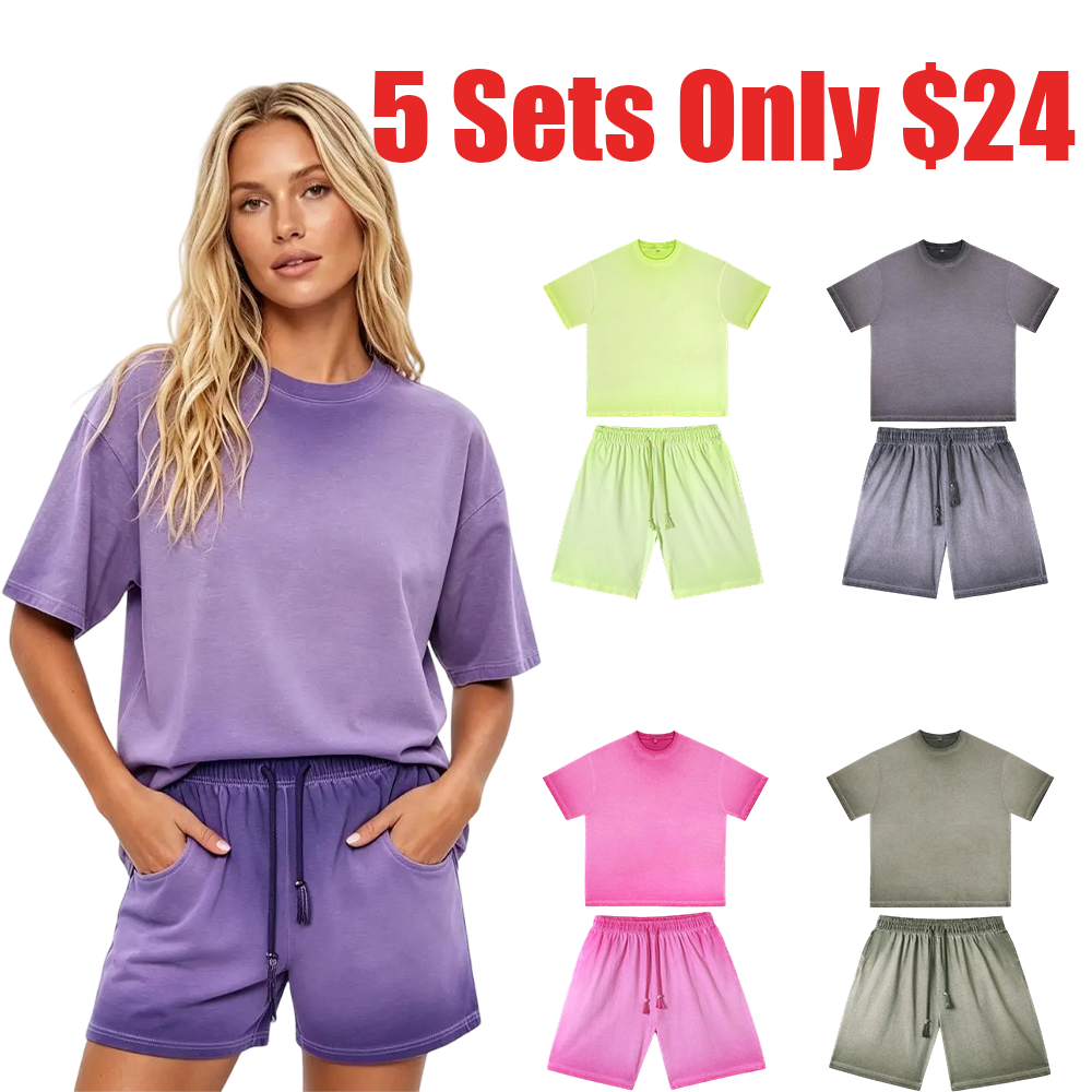 Fashion Tshirt & Shorts Set Summer Washed Cotton Dirty Washed Trendy Gradient Color Men's and Women's Suits, Short-sleeved Tops Paired with Shorts, Retro Outfits.