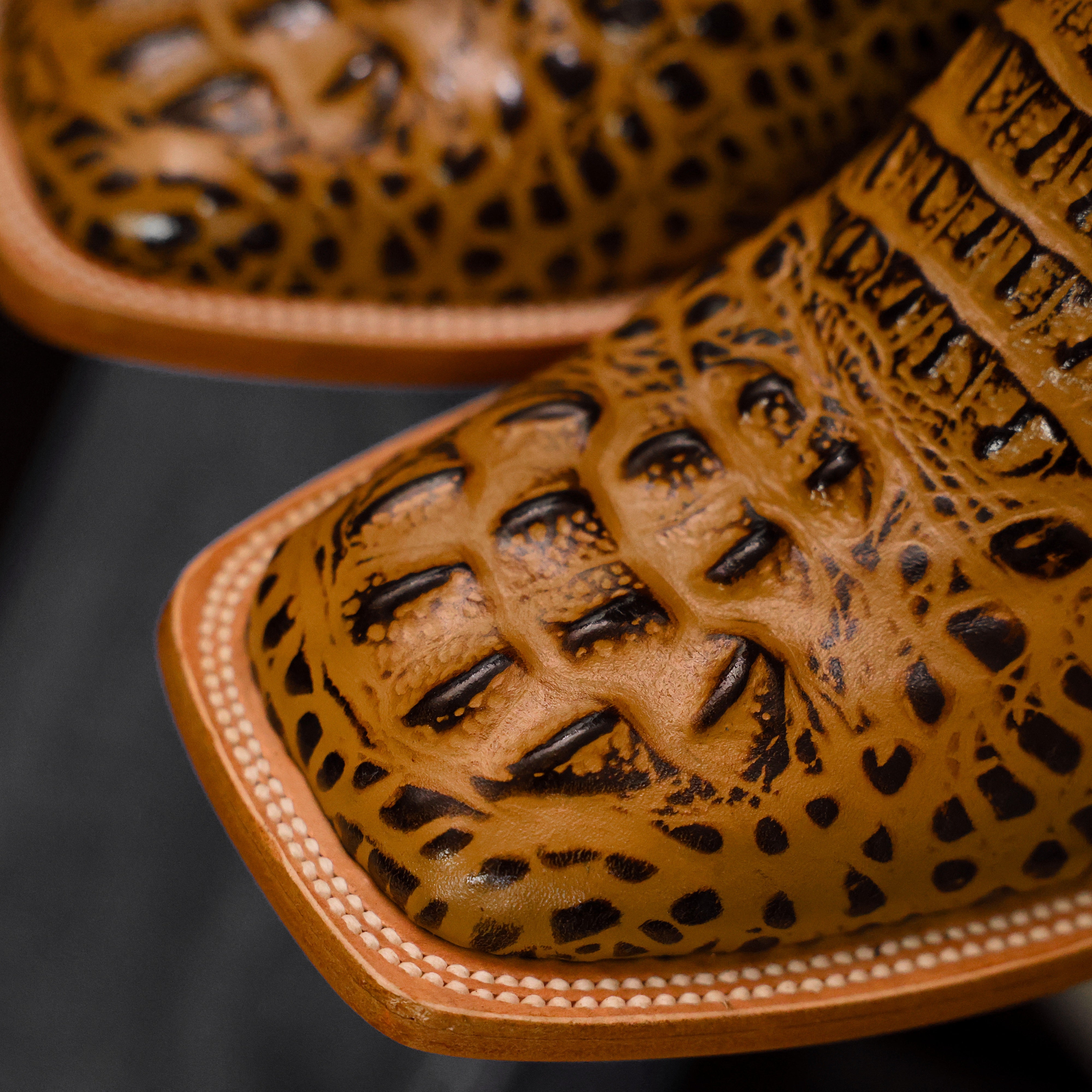 Honey Caiman Neck Leather Boots - Square Toe