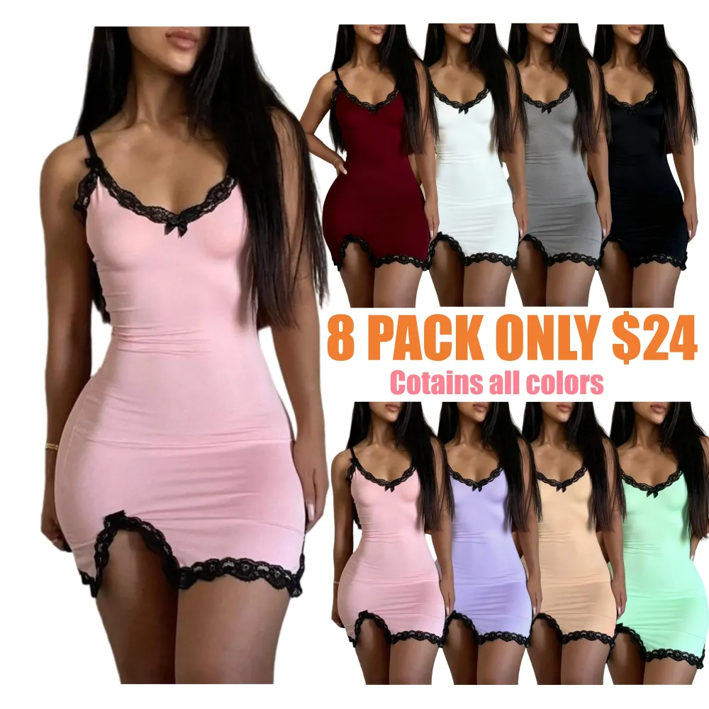 Women's Colorblock Contrast Lace Bow Decor Split Hem Cami Dress