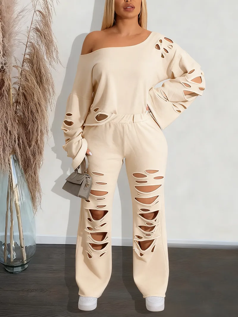 Women's Ripped Asymmetrical Neck Pullover & Wide Leg Pants Set