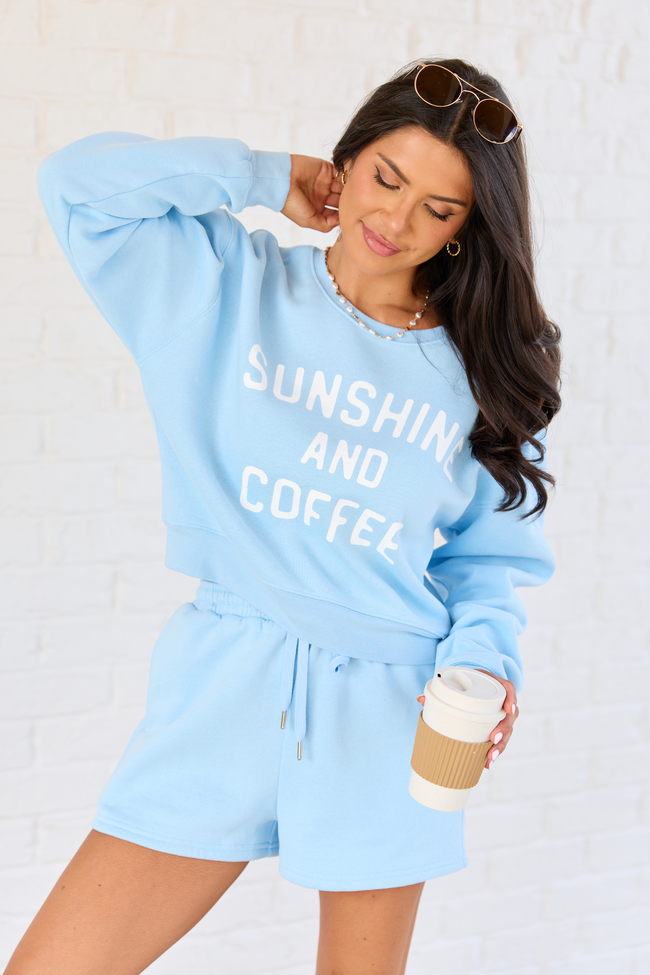 Sunshine And Coffee Light Blue Cropped Graphic Sweatshirt