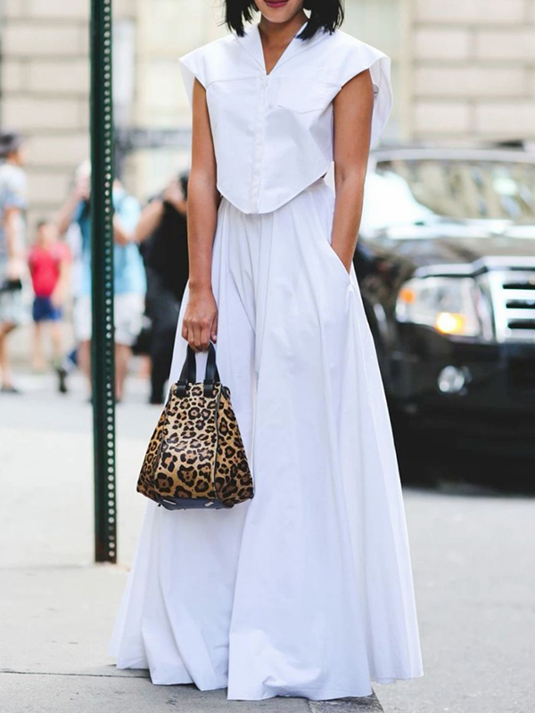 Cap Sleeve Loose Buttoned Solid Color Lapel Blouse Tops&Wide Legs Pants Bottoms Two Pieces Set