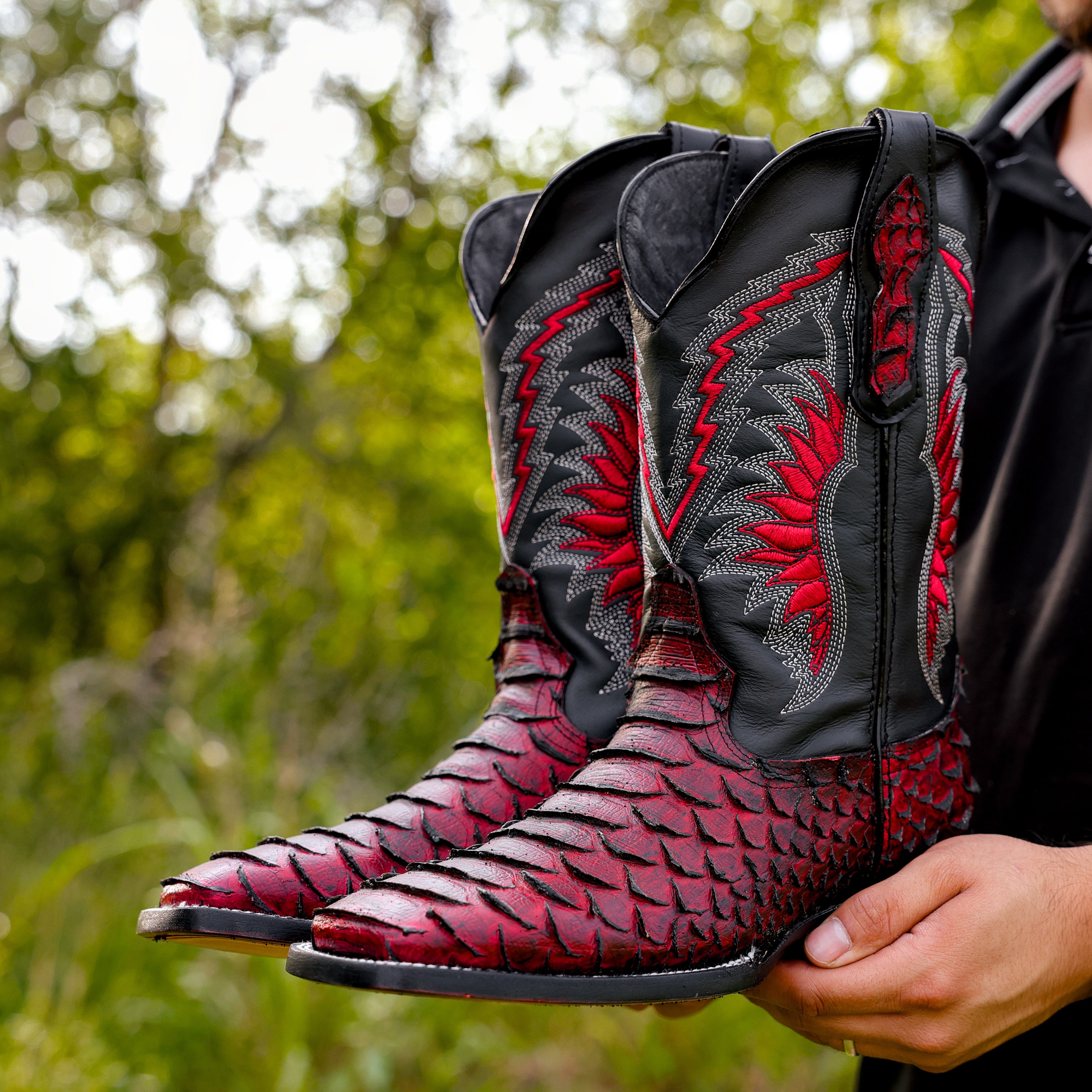 Black Cherry Python Leather Boots - Square Toe