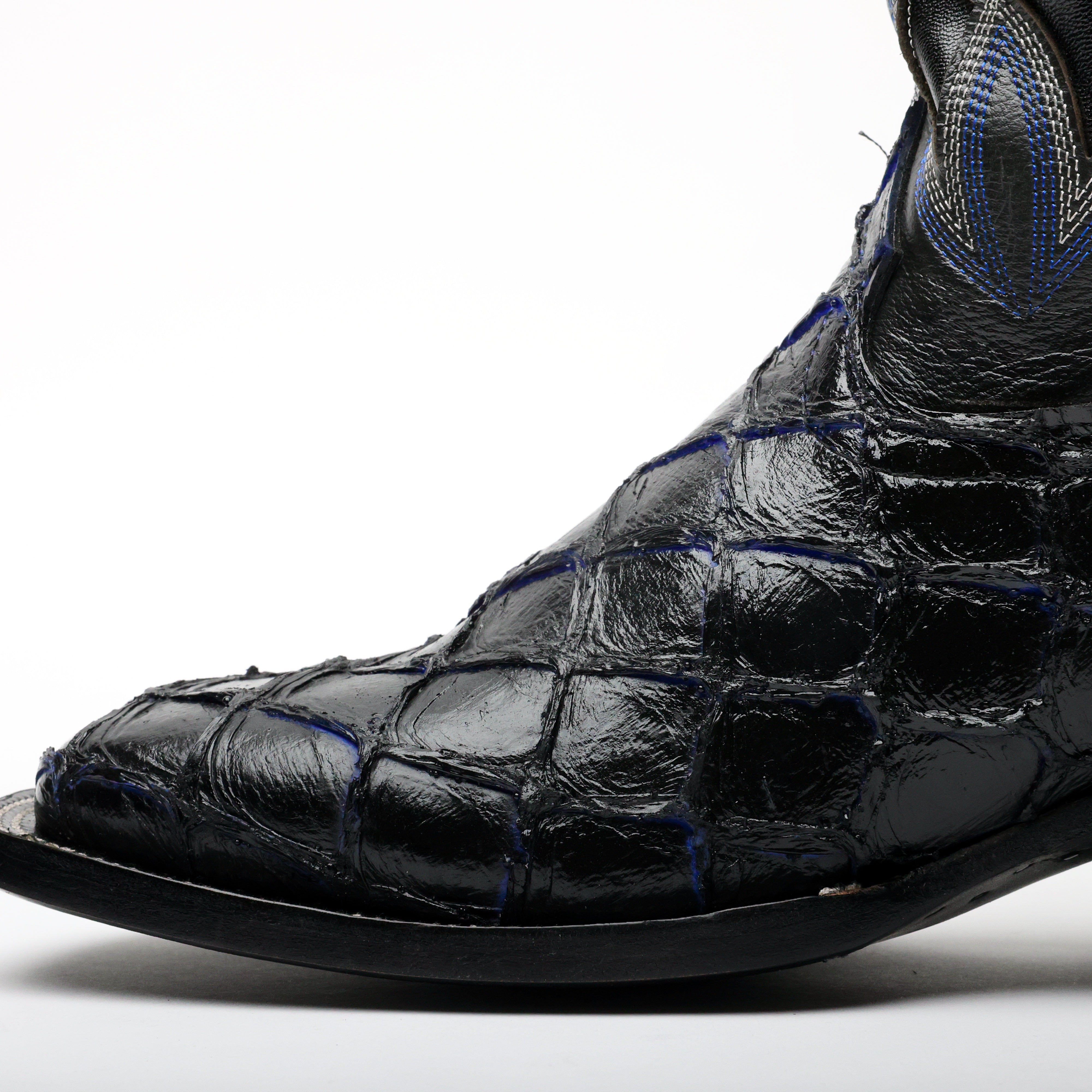Black/Blue Pirarucu Leather Boots - Square Toe