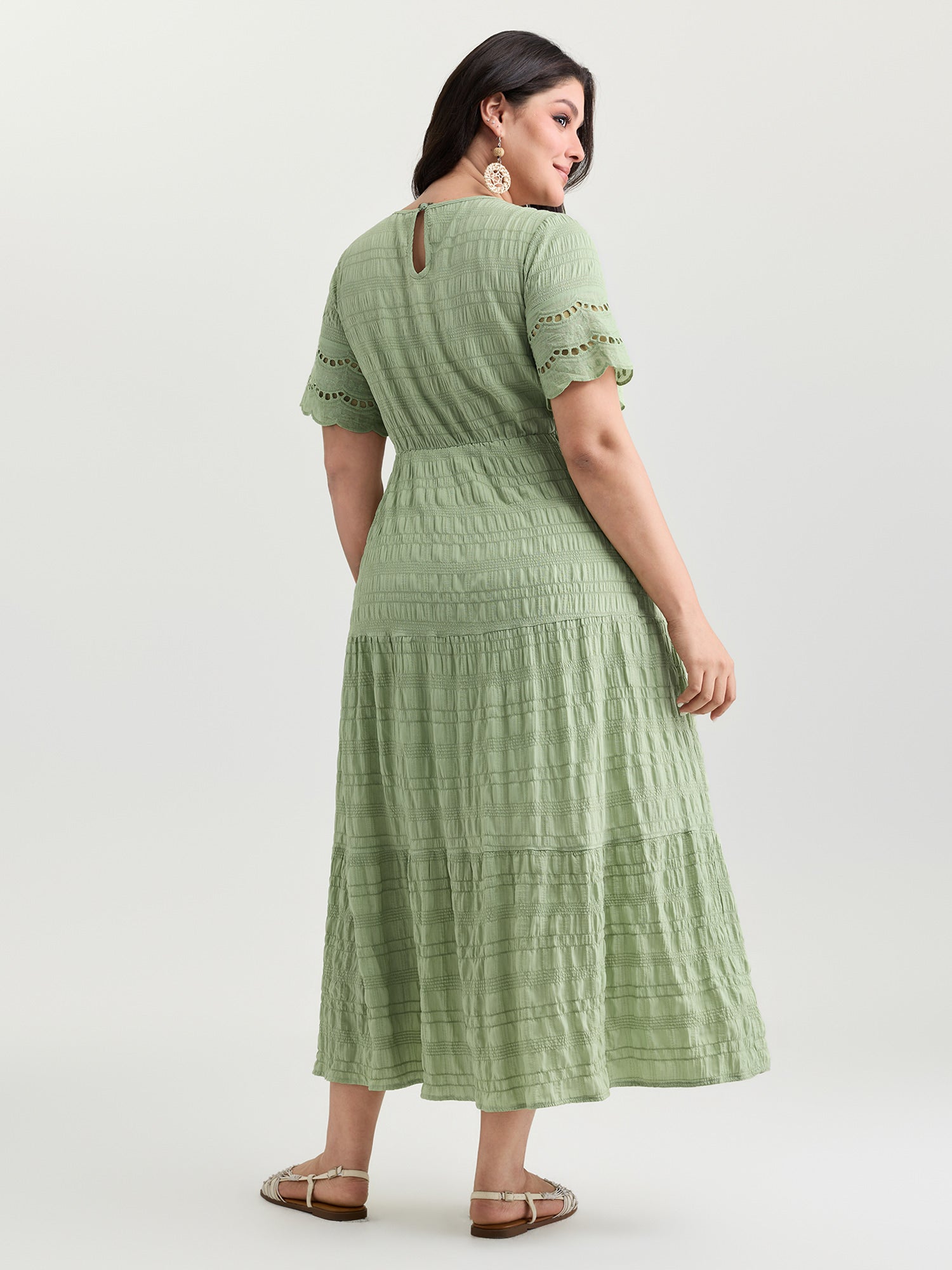 Shirred Lace Flounce Sleeve Tiered Maxi Dress