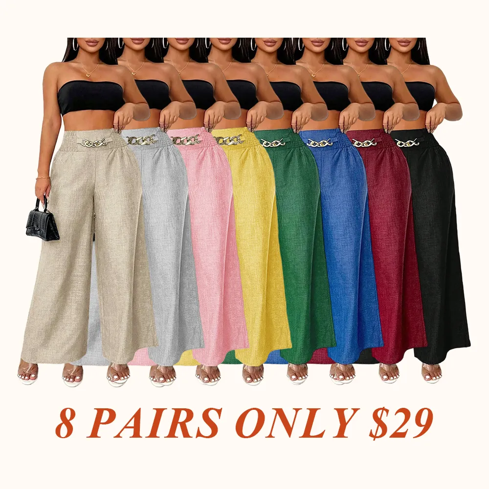 Women's Solid Color High-Waisted Pants, Stretchable Loose-Fitting Wide-Leg Trousers
