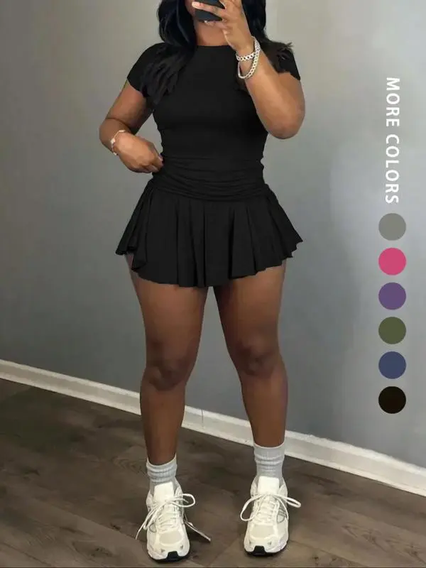 Women's Solid Color Tee & Pleated Skirt Two-Piece Set