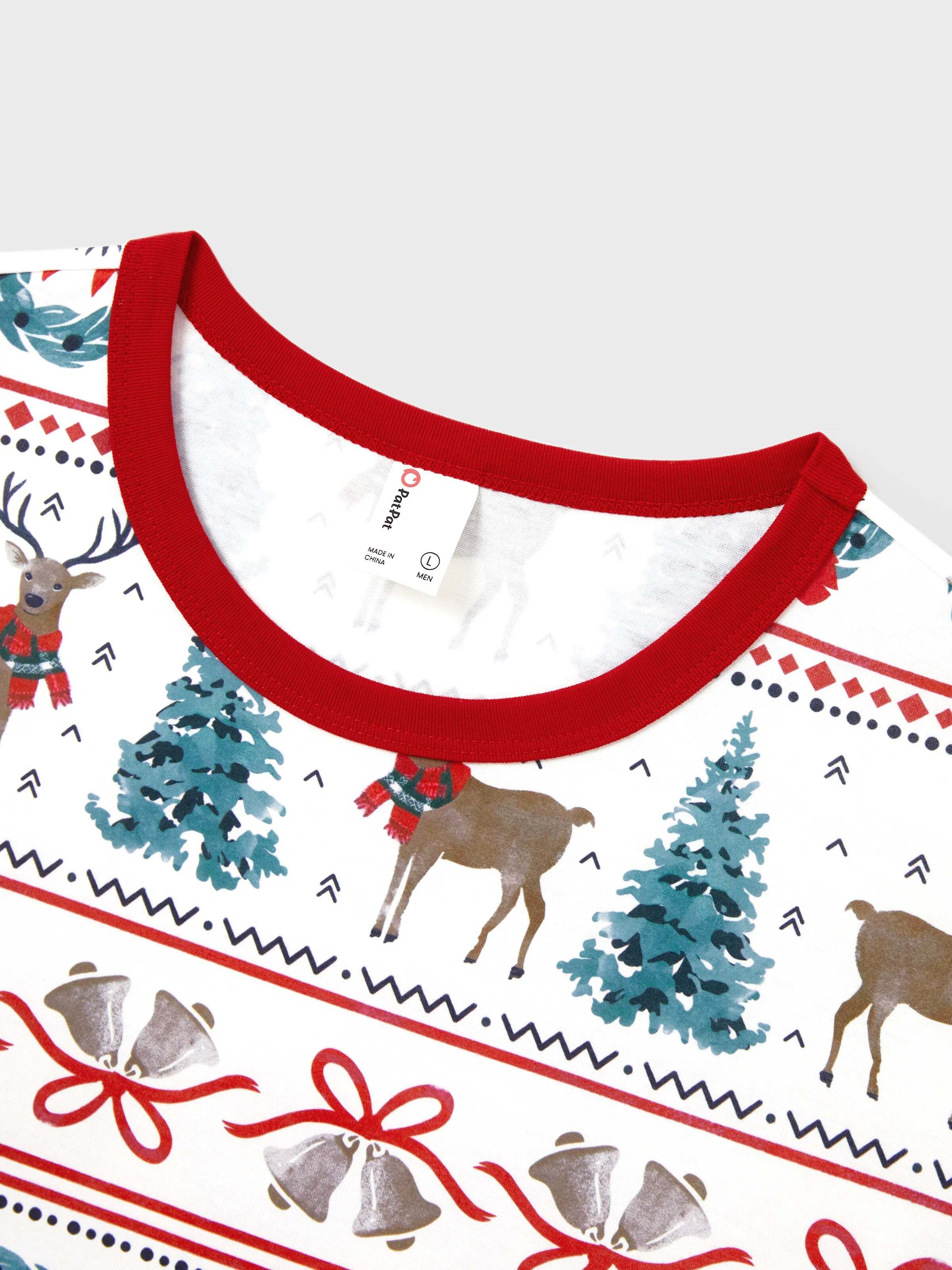 Christmas Matching Family Pajamas Set Christmas Elk and Bell Print Striped PJS with Christmas Socks White