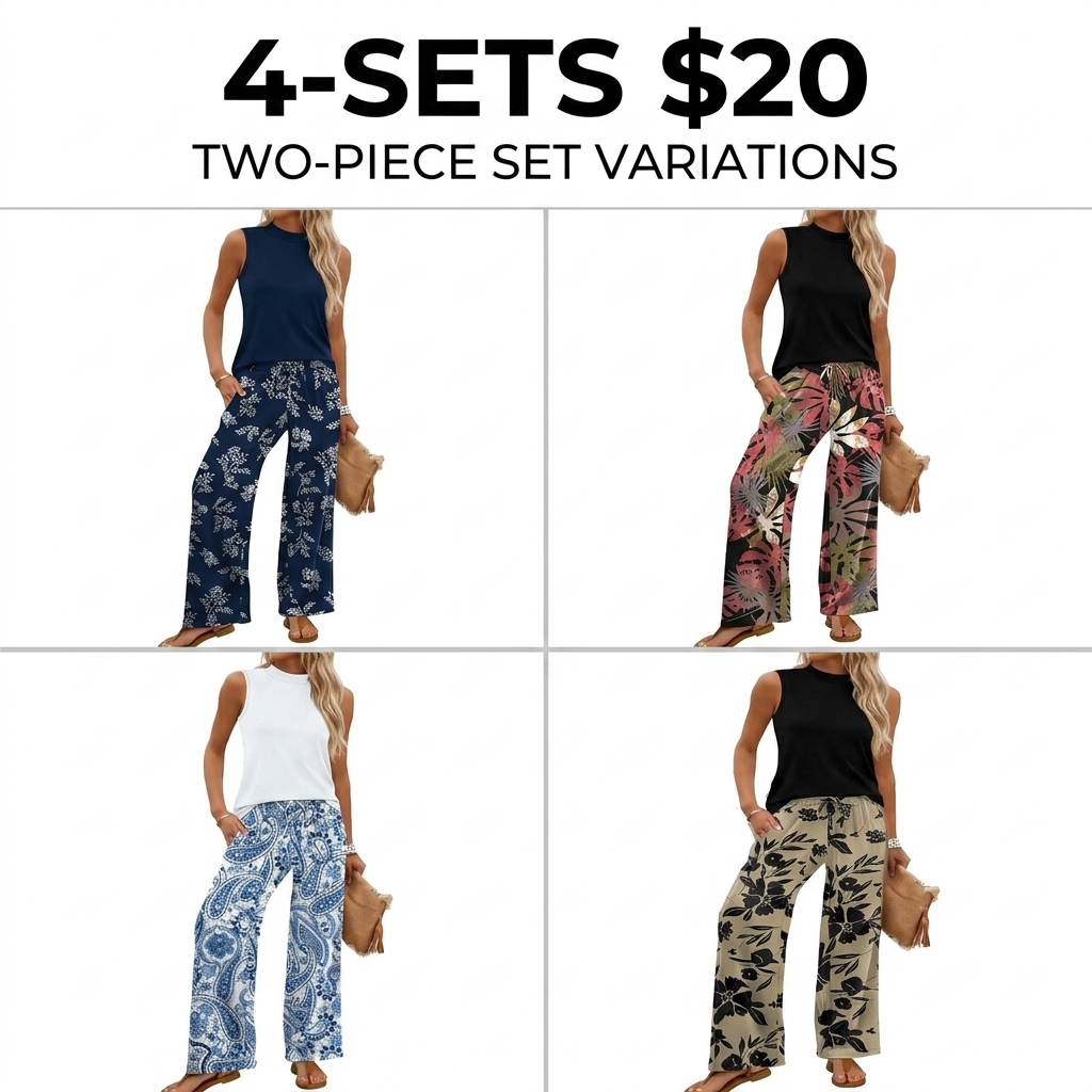 Two Piece Set for Women Summer Spring Outfits Cruise Travel Airport Beach Vacation Mock Neck Wide Leg Pants Set