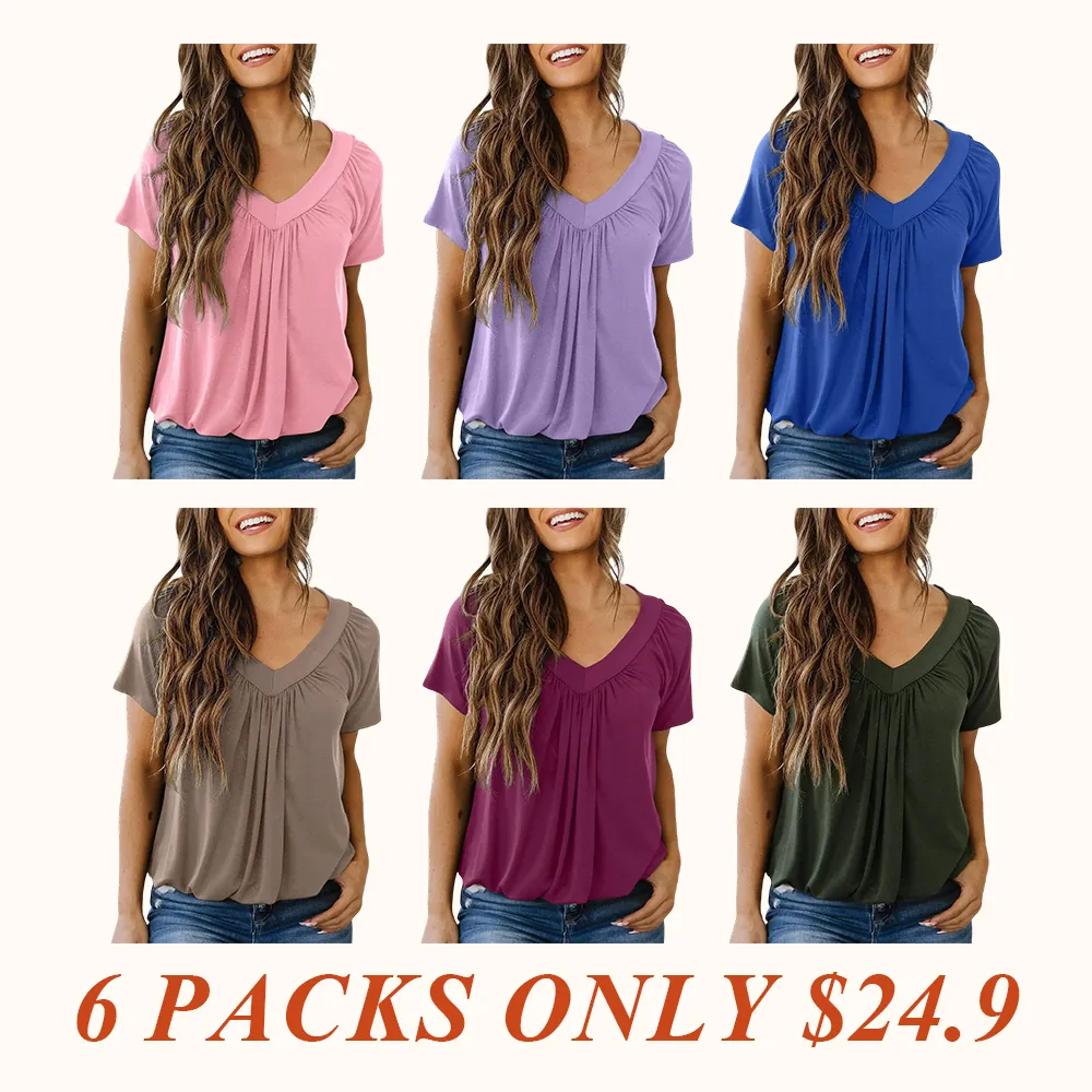 Women's Casual Summer Short Sleeve V Neck Tops T-shirts - Loose Fit & Comfortable Shirring Top