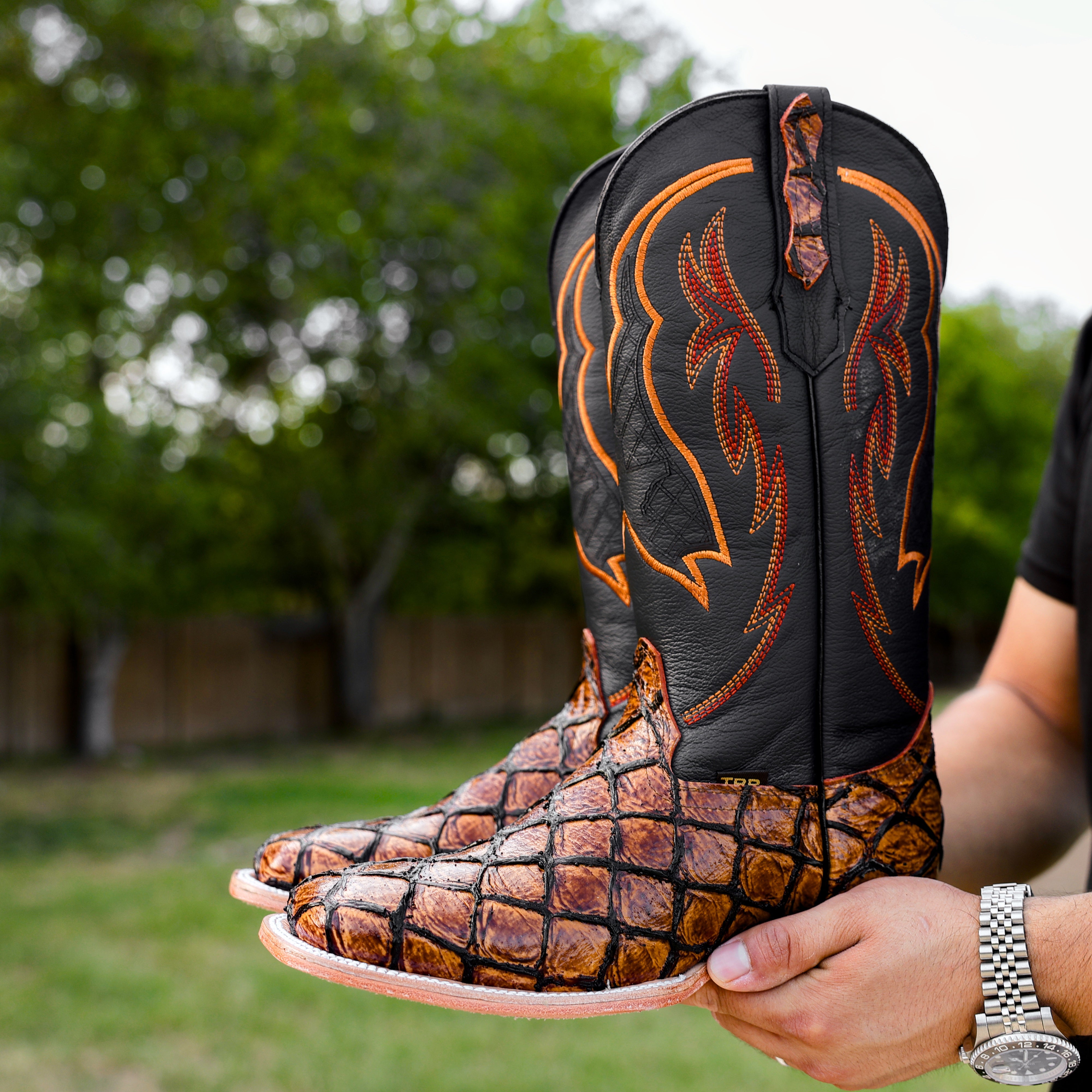 Cognac Pirarucu Leather Boots - Square Toe