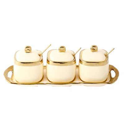 3PC Nordic Color-Glazed Ceramic-Gold Trim Serving Jars