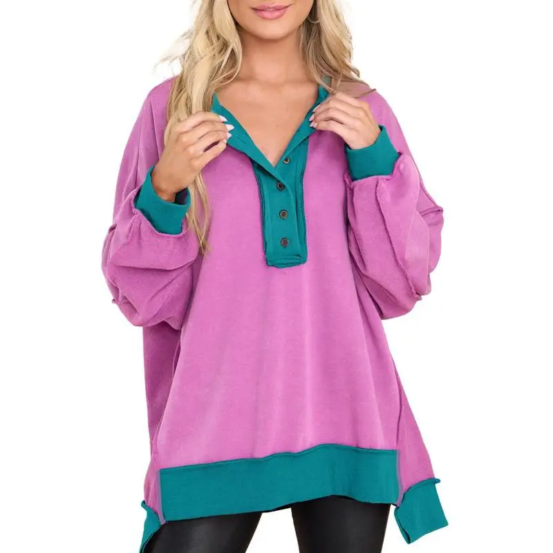 Women's Oversized Button Henley Sweatshirts
